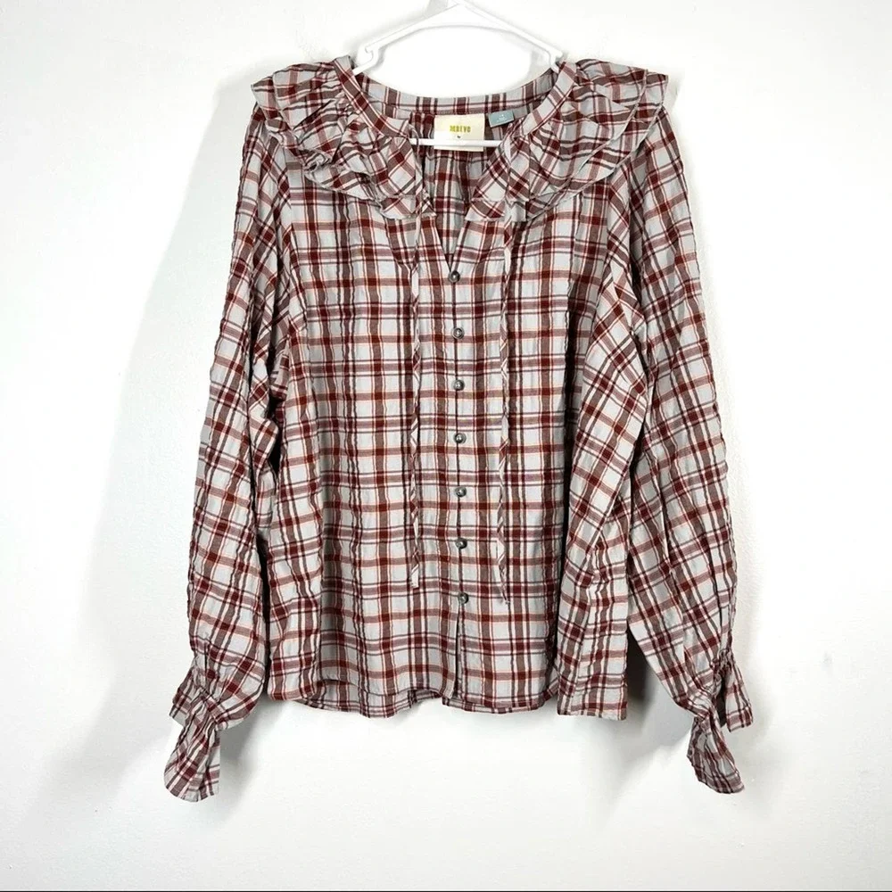 ANTHROPOLOGIE Maeve Ruffled Plaid Button Down Top Plus Size 1X Western Boho - Picture 1 of 7